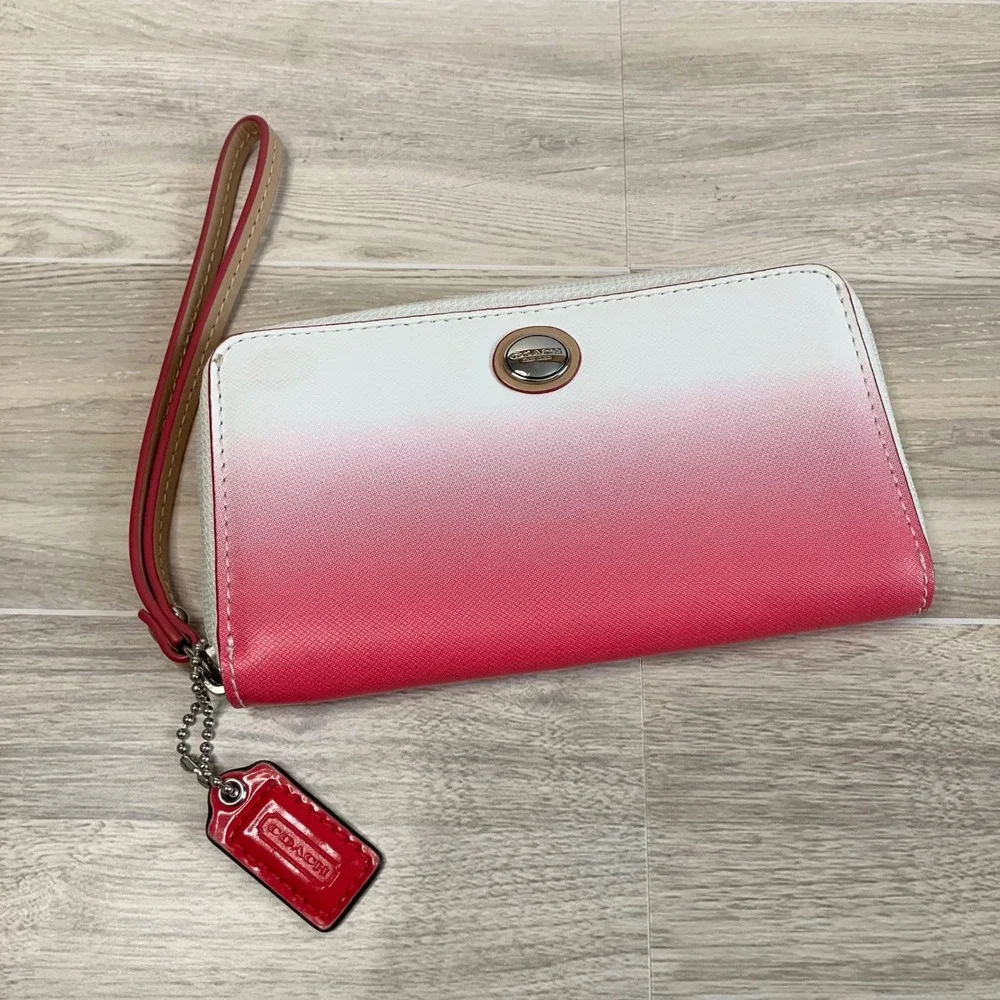 COACH Ombre Saffiano Leather Wristlet Zip Around Wallet Pink White Gradient